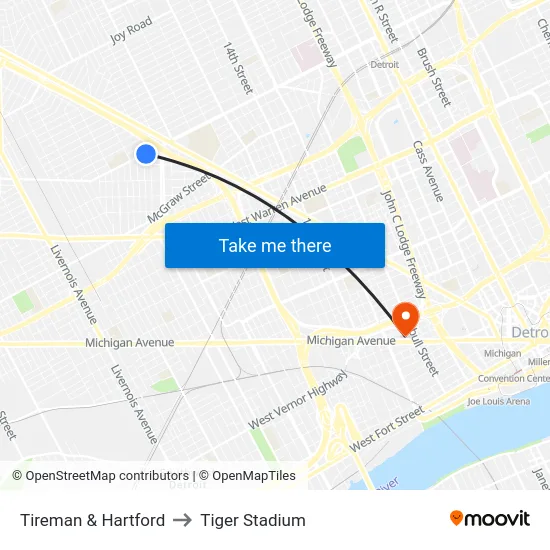 Tireman & Hartford to Tiger Stadium map