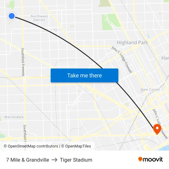 7 Mile & Grandville to Tiger Stadium map