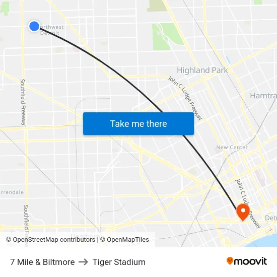 7 Mile & Biltmore to Tiger Stadium map