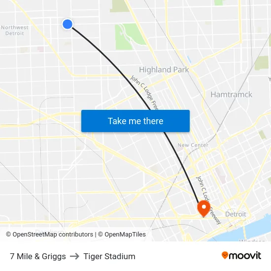 7 Mile & Griggs to Tiger Stadium map