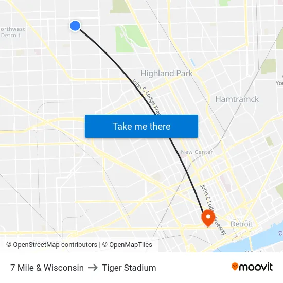7 Mile & Wisconsin to Tiger Stadium map