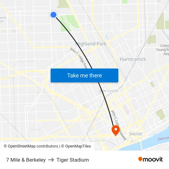 7 Mile & Berkeley to Tiger Stadium map
