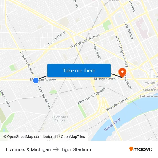 Livernois & Michigan to Tiger Stadium map