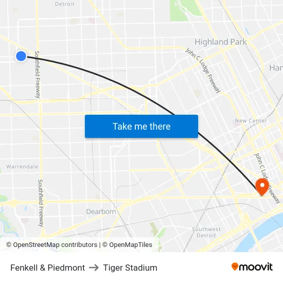 Fenkell & Piedmont to Tiger Stadium map