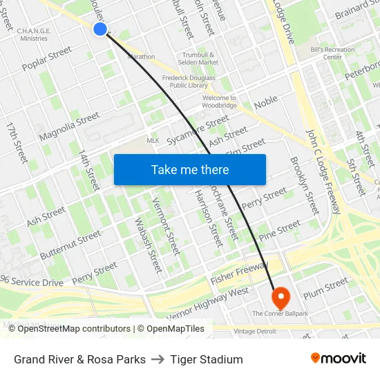 Grand River & Rosa Parks to Tiger Stadium map