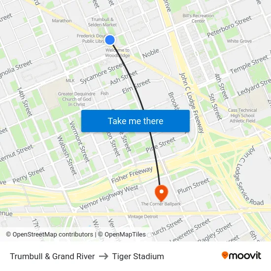 Trumbull & Grand River to Tiger Stadium map