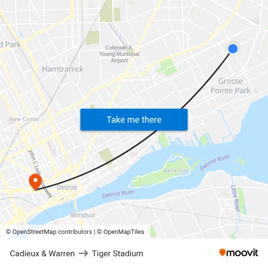 Cadieux & Warren to Tiger Stadium map