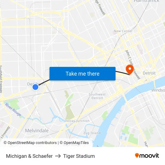 Michigan & Schaefer to Tiger Stadium map