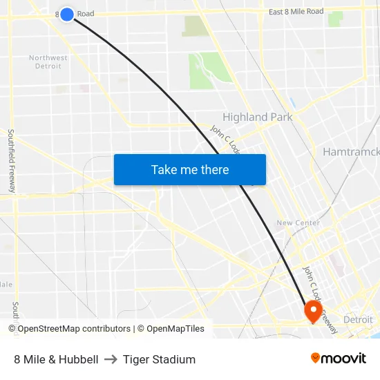 8 Mile & Hubbell to Tiger Stadium map