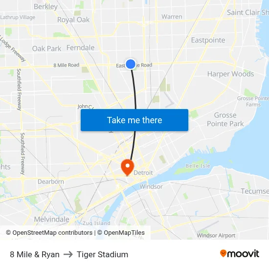8 Mile & Ryan to Tiger Stadium map