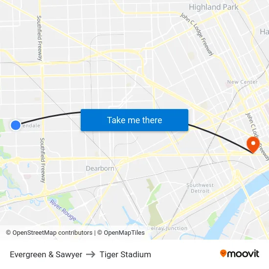 Evergreen & Sawyer to Tiger Stadium map