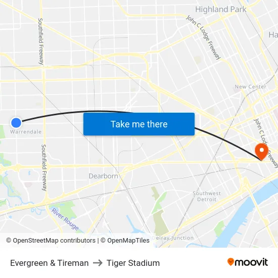 Evergreen & Tireman to Tiger Stadium map