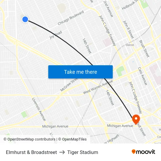 Elmhurst & Broadstreet to Tiger Stadium map