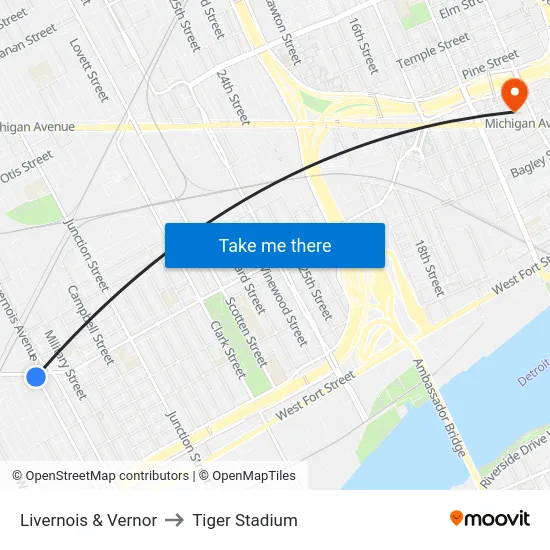 Livernois & Vernor to Tiger Stadium map