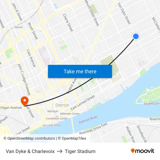 Van Dyke & Charlevoix to Tiger Stadium map