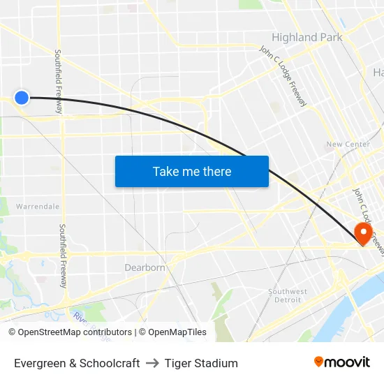 Evergreen & Schoolcraft to Tiger Stadium map