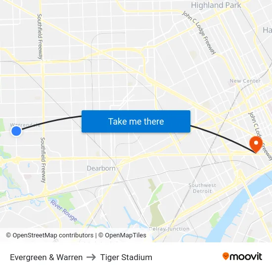 Evergreen & Warren to Tiger Stadium map
