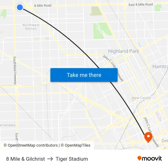 8 Mile & Gilchrist to Tiger Stadium map