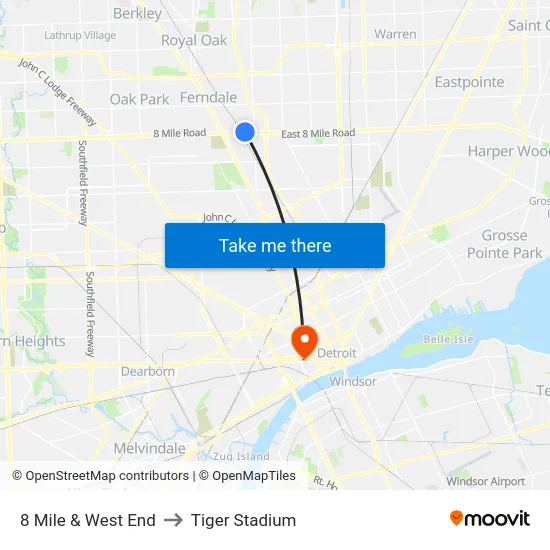 8 Mile & West End to Tiger Stadium map