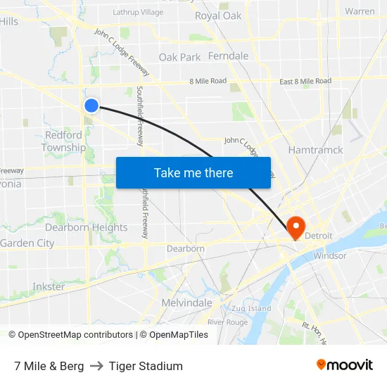 7 Mile & Berg to Tiger Stadium map