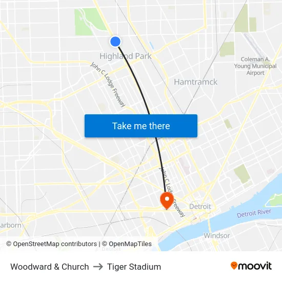 Woodward & Church to Tiger Stadium map