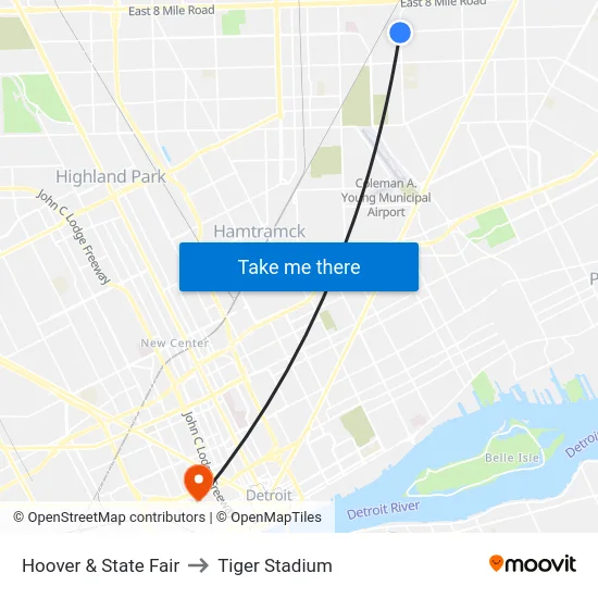 Hoover & State Fair to Tiger Stadium map