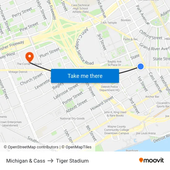 Michigan & Cass to Tiger Stadium map