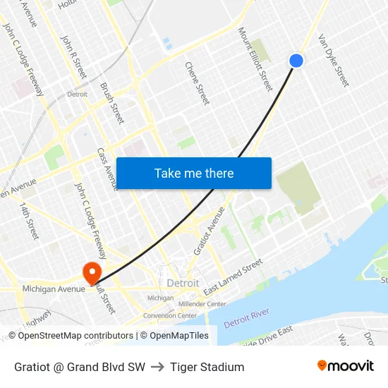 Gratiot @ Grand Blvd SW to Tiger Stadium map