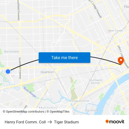 Henry Ford Comm. Coll to Tiger Stadium map