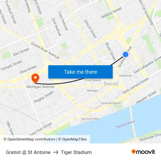Gratiot @ St Antoine to Tiger Stadium map