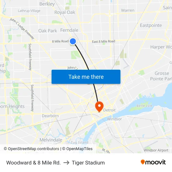 Woodward & 8 Mile Rd. to Tiger Stadium map