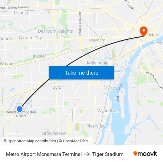 Metro Airport Mcnamara Terminal to Tiger Stadium map