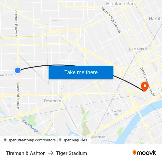 Tireman & Ashton to Tiger Stadium map