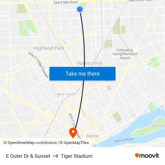 E Outer Dr & Sunset to Tiger Stadium map