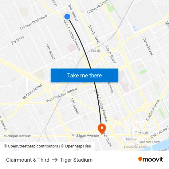 Clairmount & Third to Tiger Stadium map