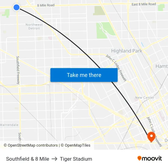 Southfield & 8 Mile to Tiger Stadium map