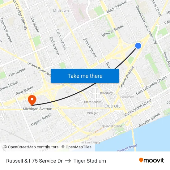 Russell & I-75 Service Dr to Tiger Stadium map