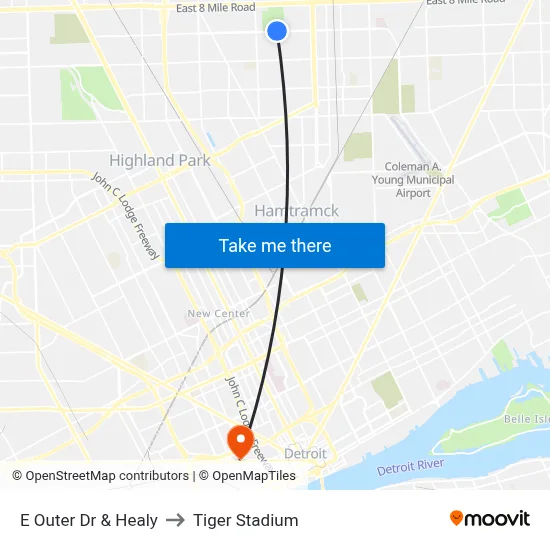 E Outer Dr & Healy to Tiger Stadium map