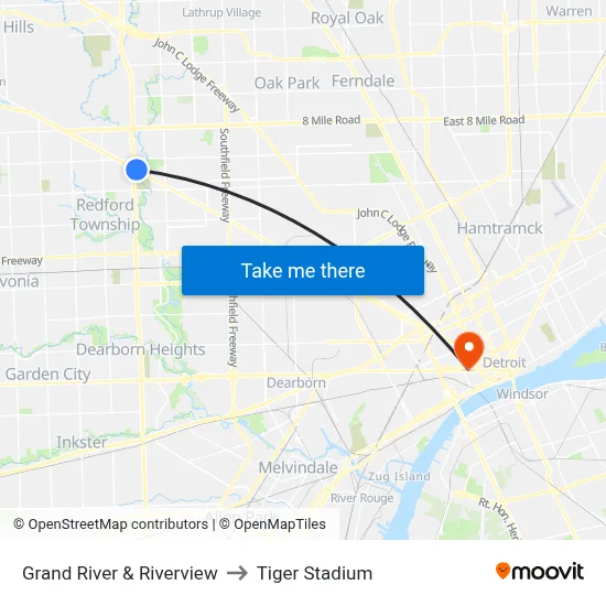 Grand River & Riverview to Tiger Stadium map