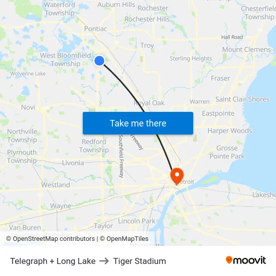Telegraph + Long Lake to Tiger Stadium map