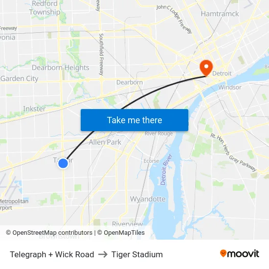 Telegraph & Wick to Tiger Stadium map