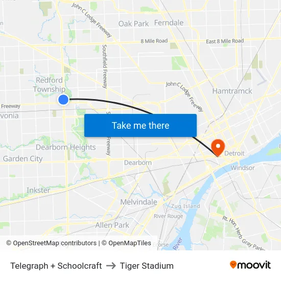 Telegraph & Schoolcraft to Tiger Stadium map