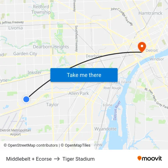 Middlebelt + Ecorse to Tiger Stadium map