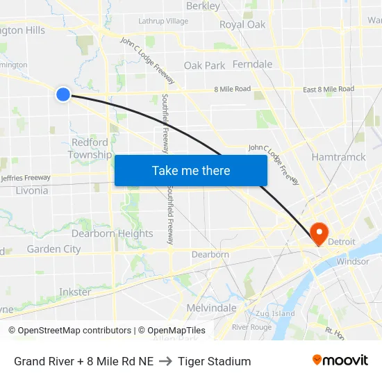 Grand River + 8 Mile Rd NE to Tiger Stadium map