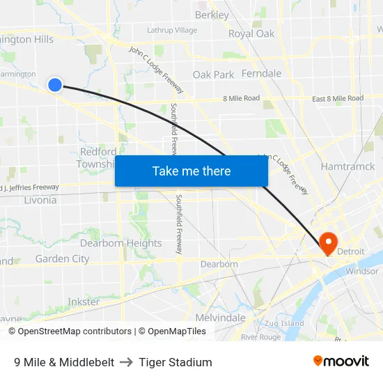 9 Mile & Middlebelt to Tiger Stadium map