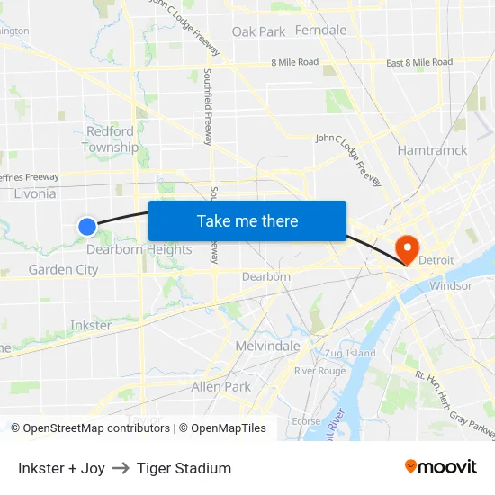 Inkster & Joy to Tiger Stadium map