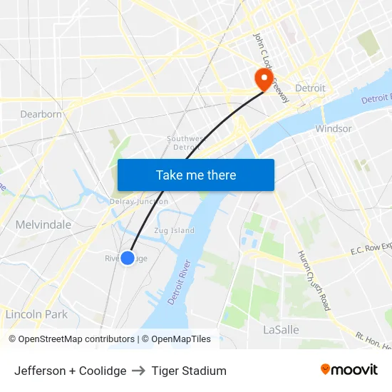 Jefferson & Coolidge to Tiger Stadium map