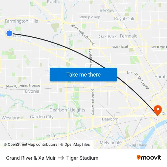 Grand River & Xs Muir to Tiger Stadium map
