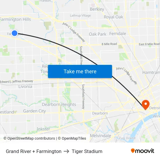 Grand River + Farmington to Tiger Stadium map
