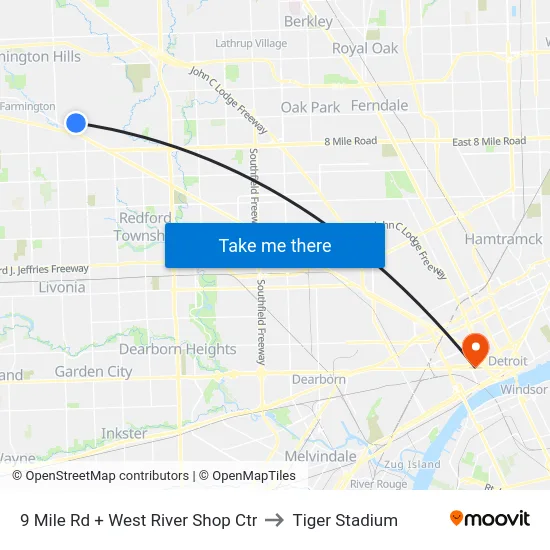 9 Mile Rd + West River Shop Ctr to Tiger Stadium map